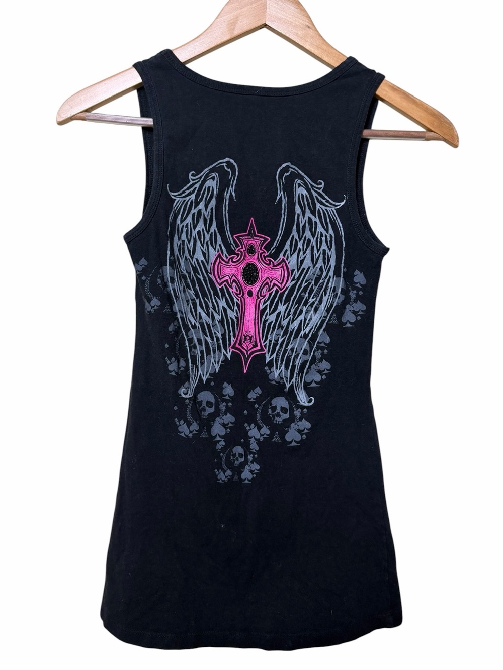 SoCal Y2K Angel Wings Pink Cross Skull Rhinestone Tank Top Small McBling Grunge